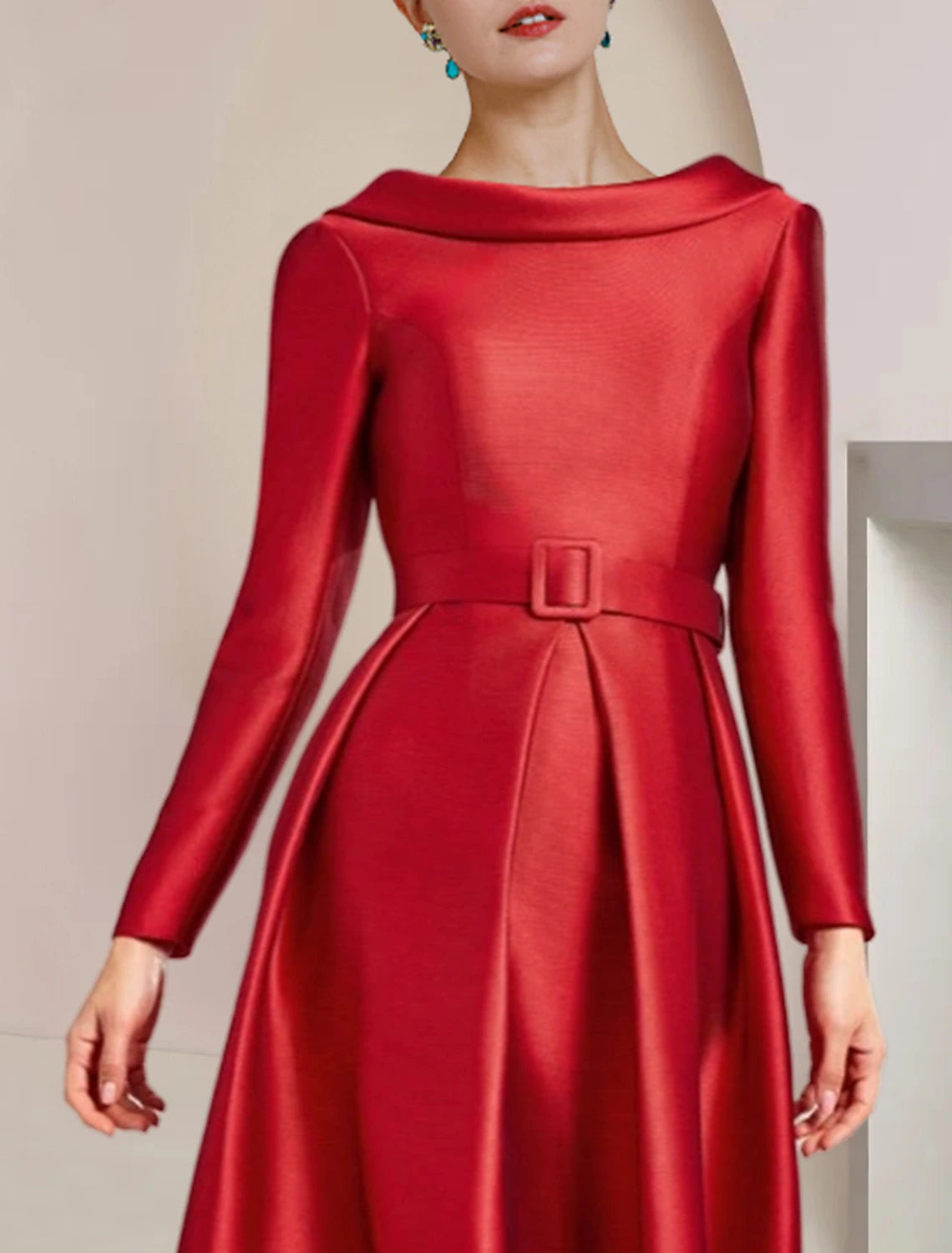 Elegant A-Line Scoop Neck Long Sleeve High-Low Asymmetrical Satin Dress.
