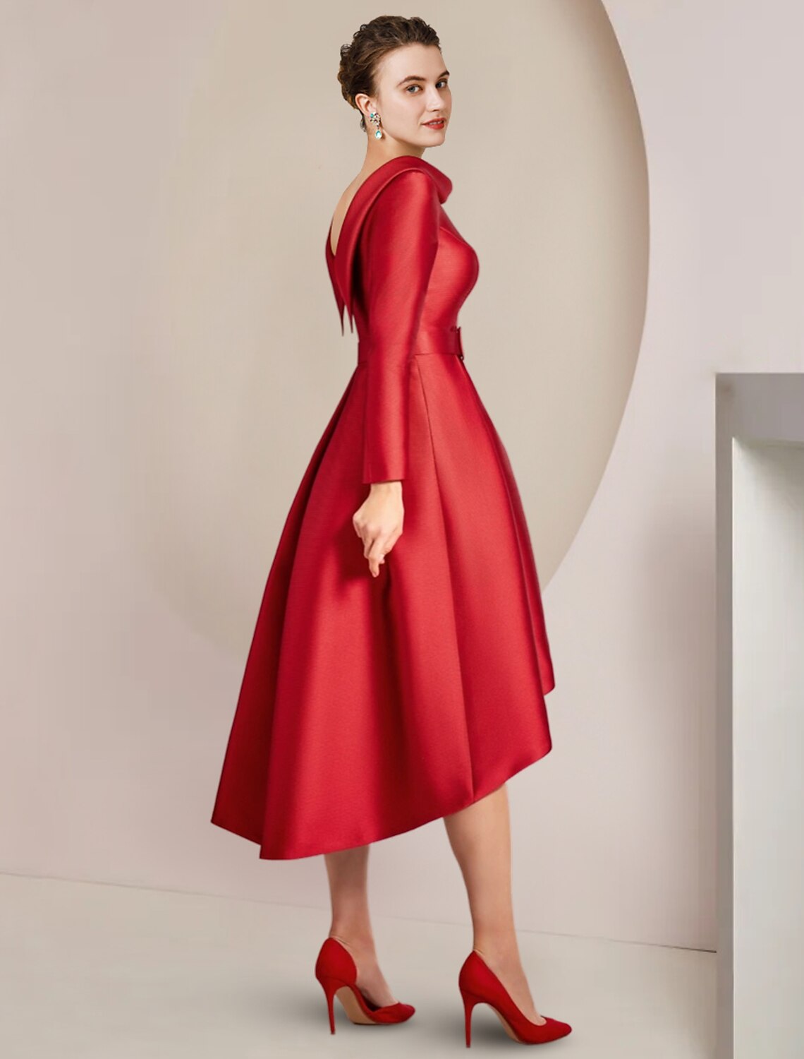 Elegant A-Line Scoop Neck Long Sleeve High-Low Asymmetrical Satin Dress.