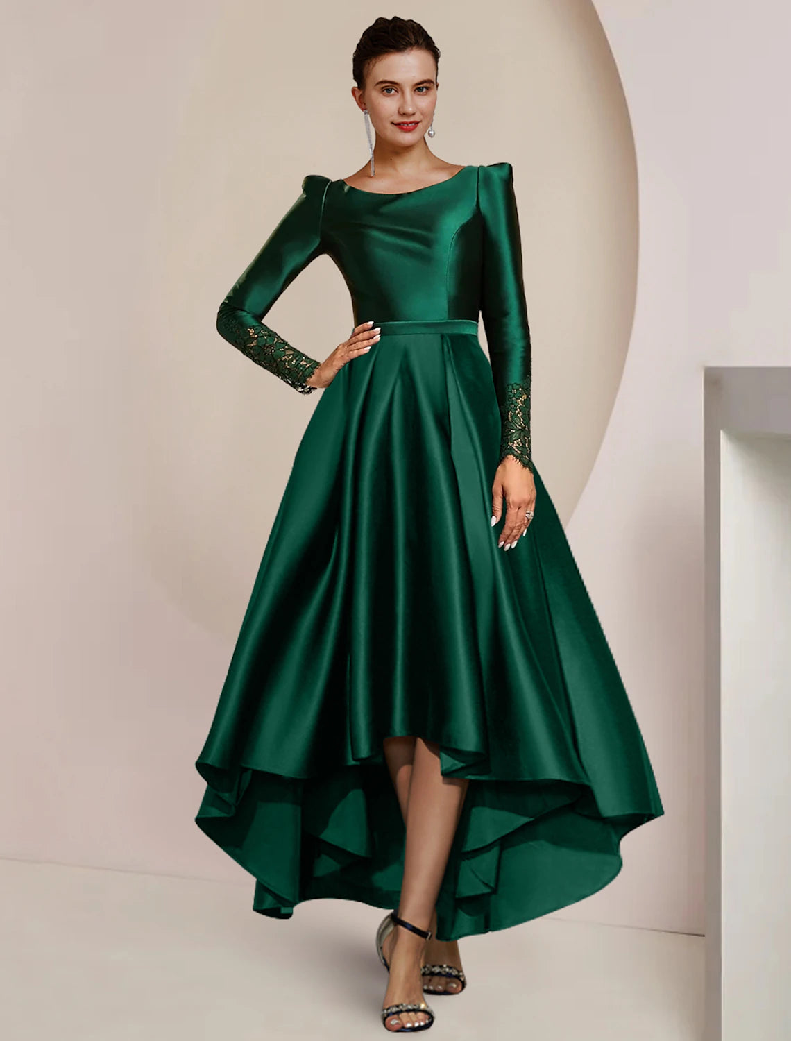 Elegant A-line high-low mother of the bride dress with long sleeves and scoop neck.