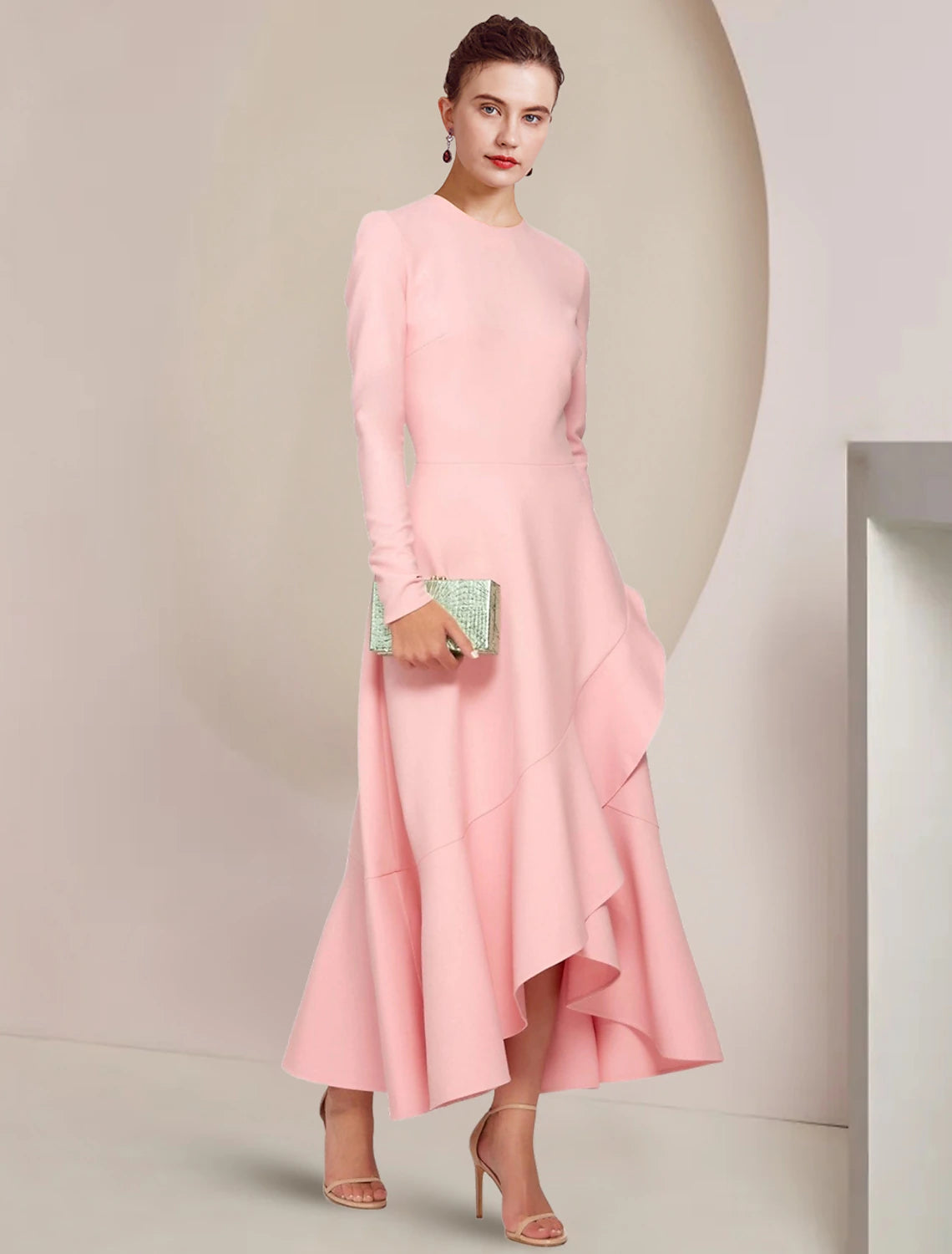 Elegant A-Line Scoop Neck Long Sleeve Ruffle High-Low Ankle Dress.