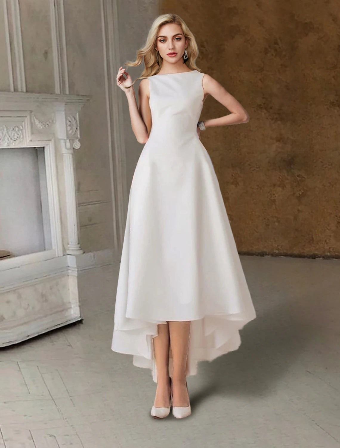 Elegant A-Line Scoop Neck Pleated Satin White Tea Length Wedding Dress.
