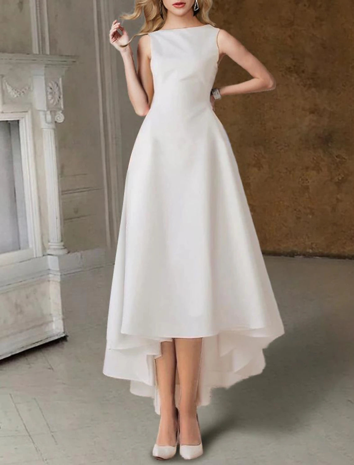 Elegant A-Line Scoop Neck Pleated Satin White Tea Length Wedding Dress.