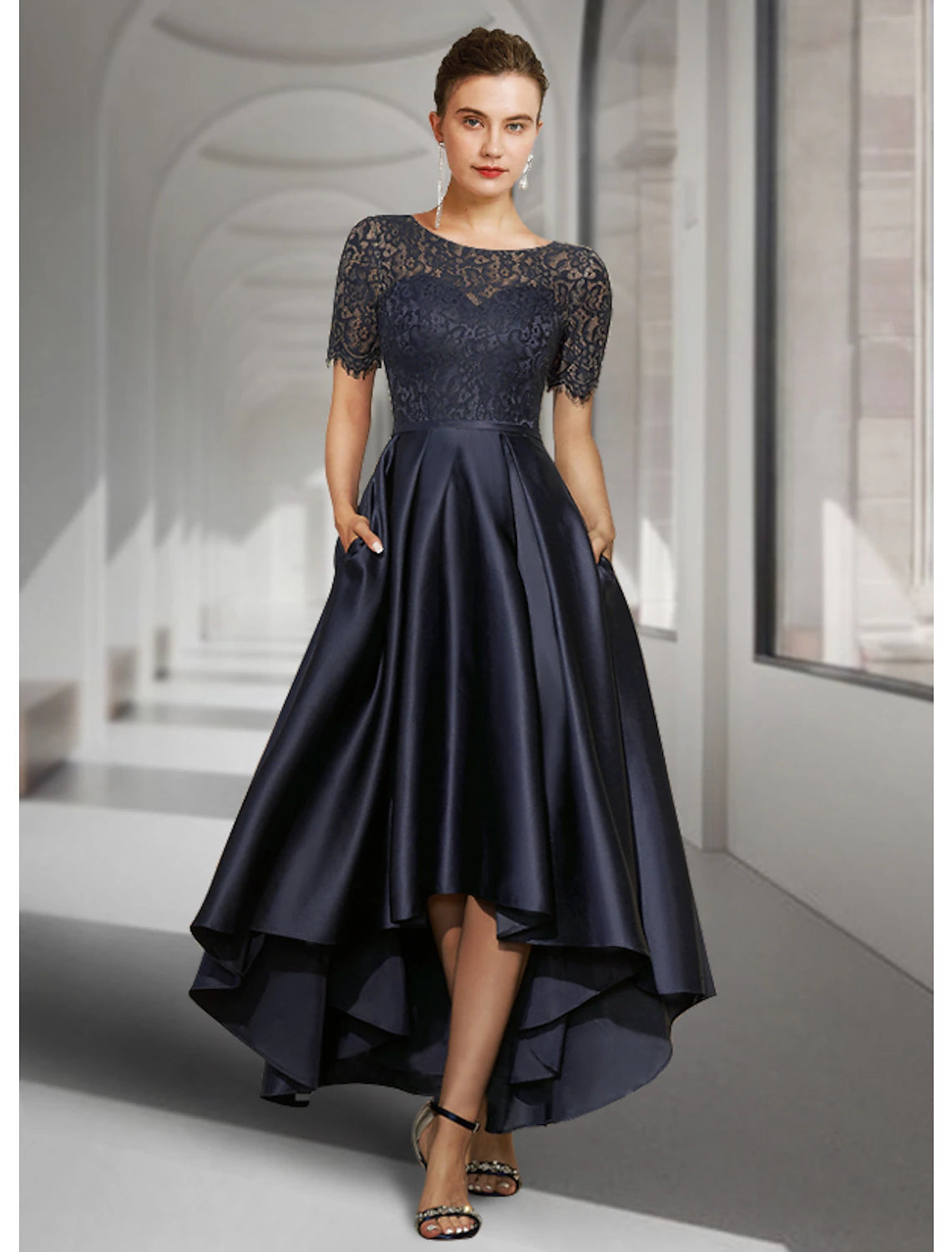 Elegant A-Line Scoop Neck Short Sleeve High-Low Asymmetrical Tea Length Dress.