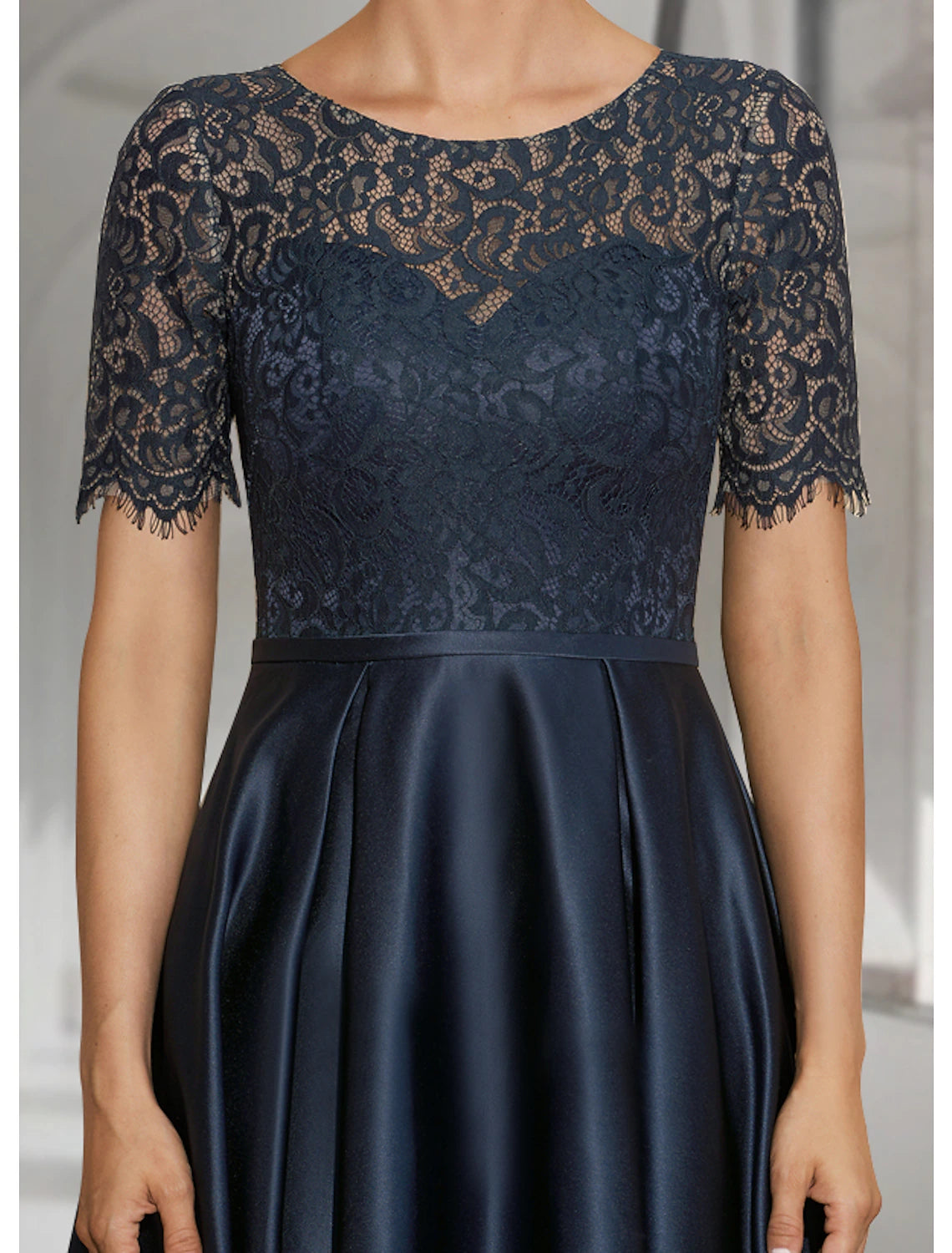 Elegant A-Line Scoop Neck Short Sleeve High-Low Asymmetrical Tea Length Dress.