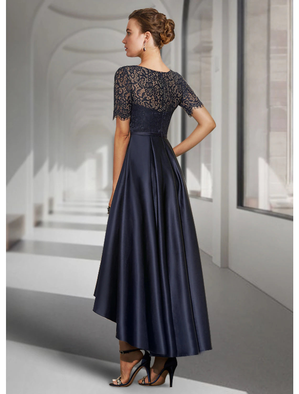 Elegant A-Line Scoop Neck Short Sleeve High-Low Asymmetrical Tea Length Dress.