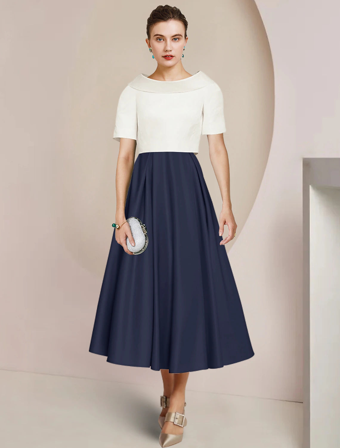 Elegant A-Line Scoop Neck Short Sleeve Pleated Satin Tea Length Dress.