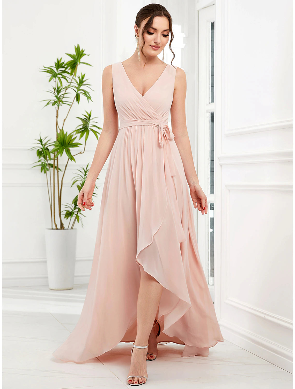 Elegant A-Line Spaghetti Strap Asymmetrical Chiffon Ruffle Slit Wedding Guest Dress.