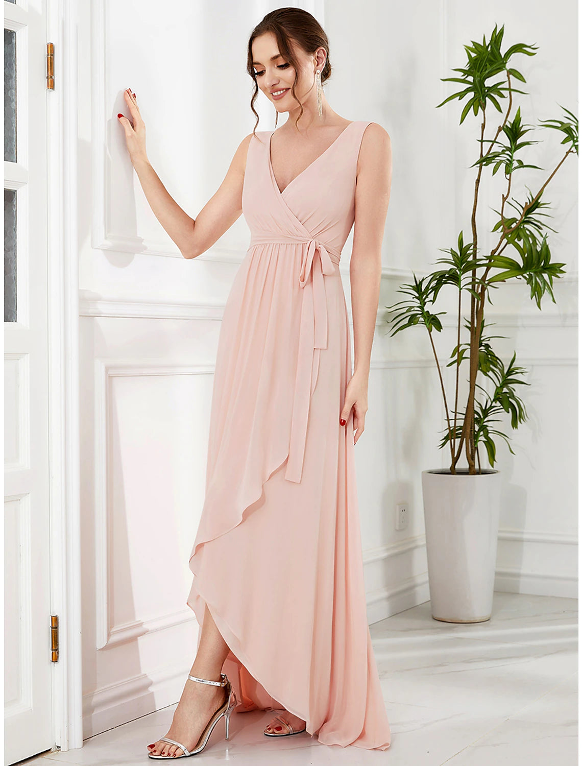 Elegant A-Line Spaghetti Strap Asymmetrical Chiffon Ruffle Slit Wedding Guest Dress.