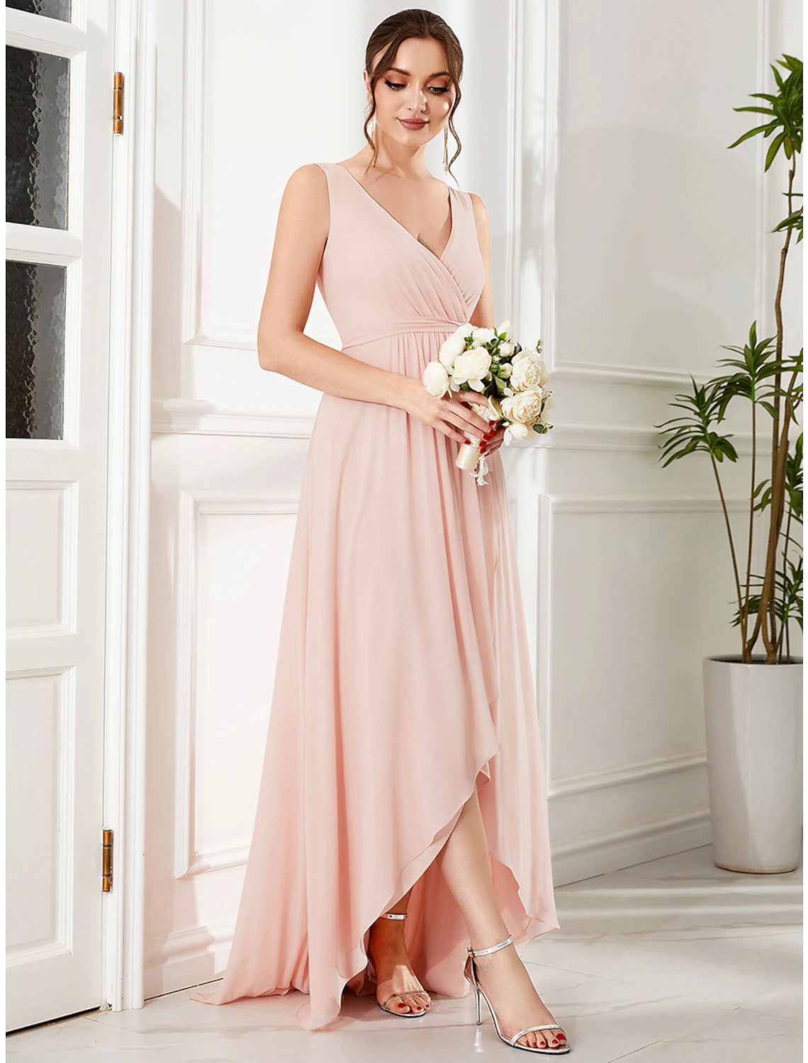 Elegant A-Line Spaghetti Strap Asymmetrical Chiffon Ruffle Slit Wedding Guest Dress.