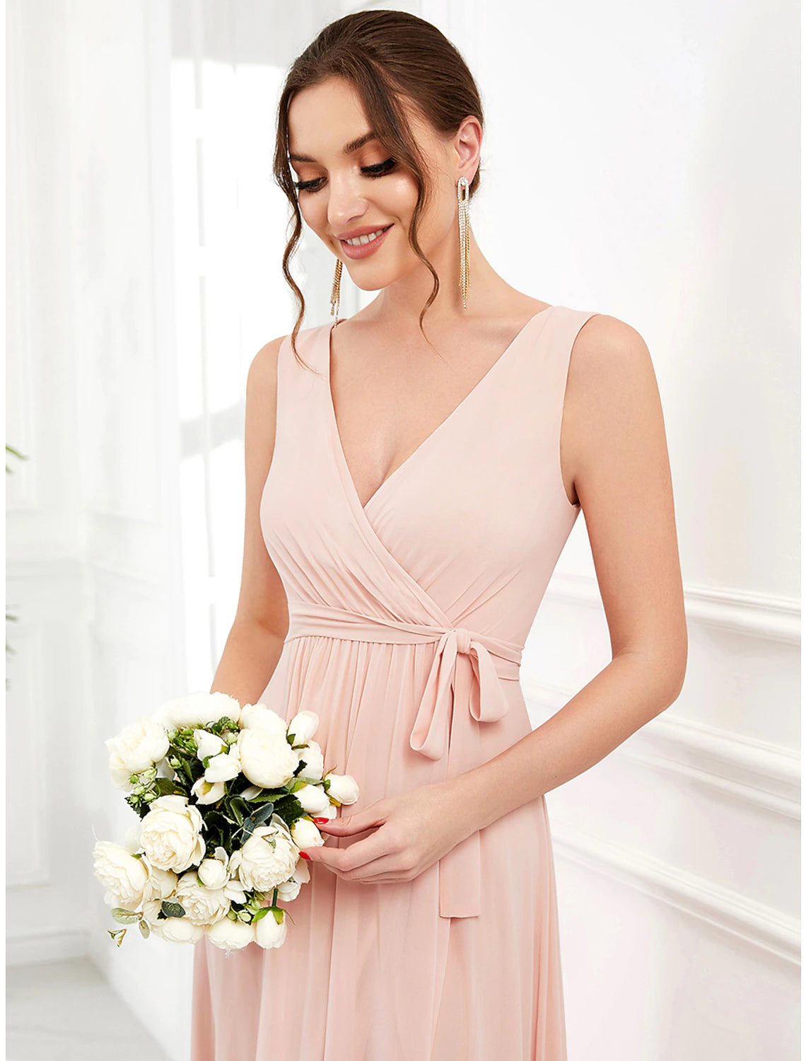 Elegant A-Line Spaghetti Strap Asymmetrical Chiffon Ruffle Slit Wedding Guest Dress.