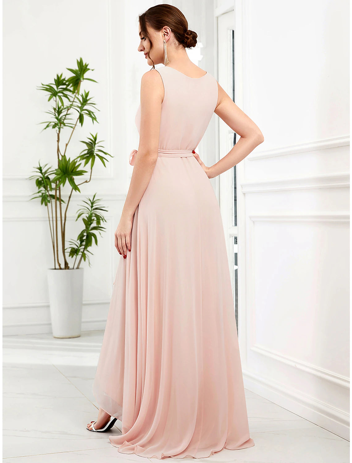Elegant A-Line Spaghetti Strap Asymmetrical Chiffon Ruffle Slit Wedding Guest Dress.