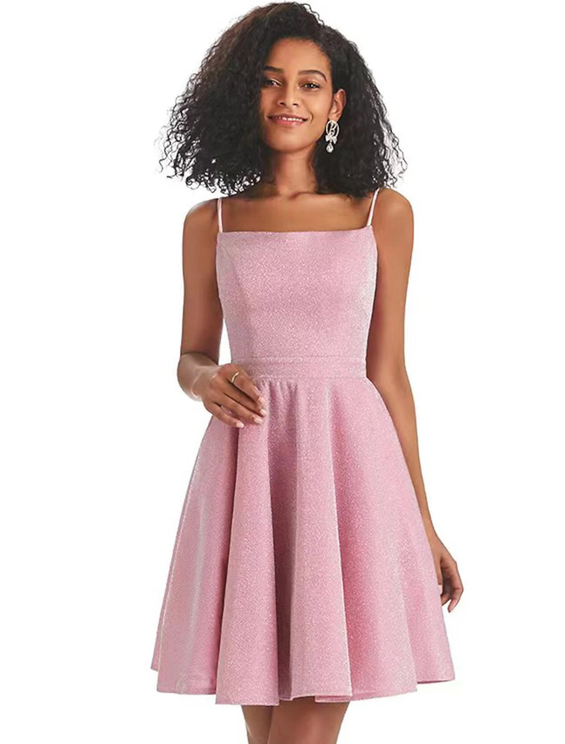 Elegant A-Line Spaghetti Strap Backless Sequin Pink Short Homecoming Dress.