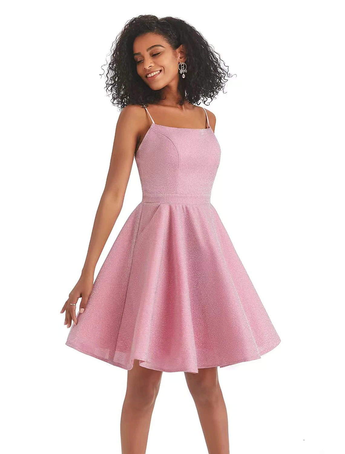 Elegant A-Line Spaghetti Strap Backless Sequin Pink Short Homecoming Dress.