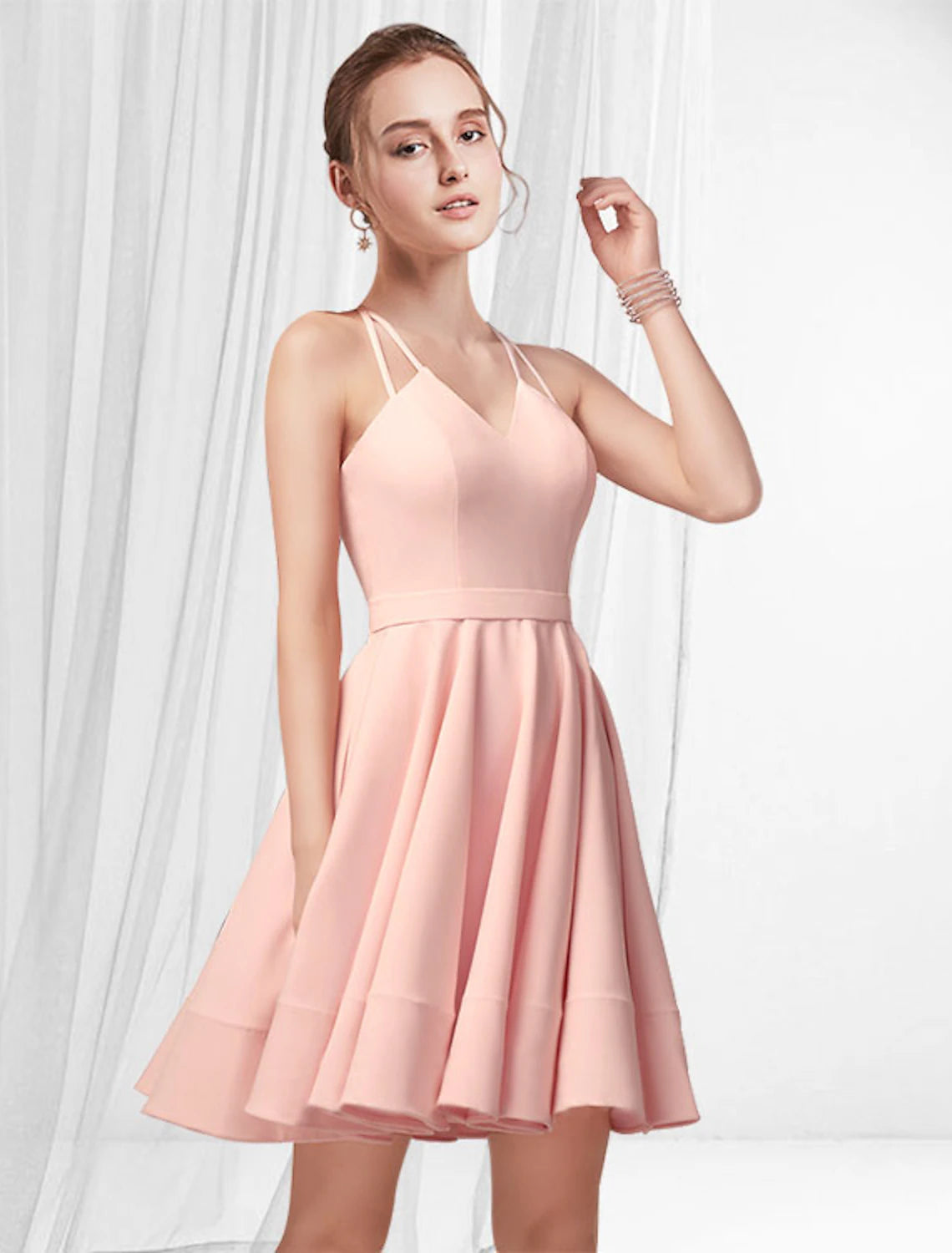 Elegant A-Line Spaghetti Strap Pleated Satin Pink Short Mini Cocktail Homecoming Dress.