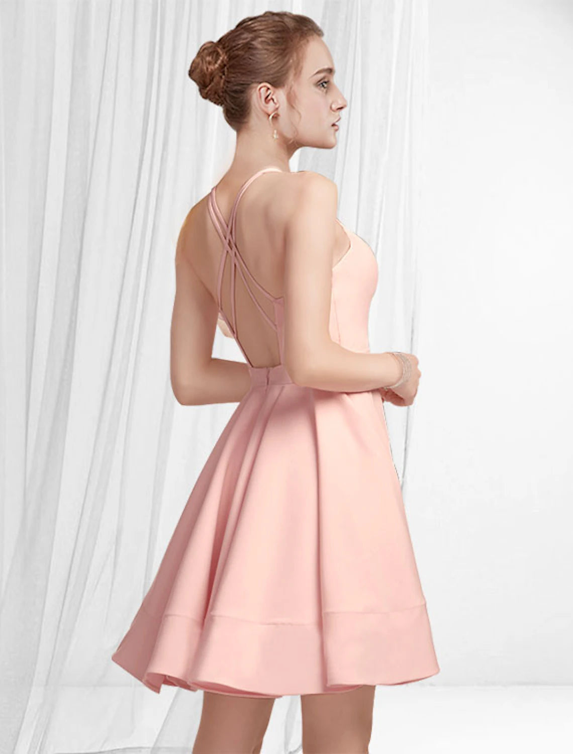 Elegant A-Line Spaghetti Strap Pleated Satin Pink Short Mini Cocktail Homecoming Dress.