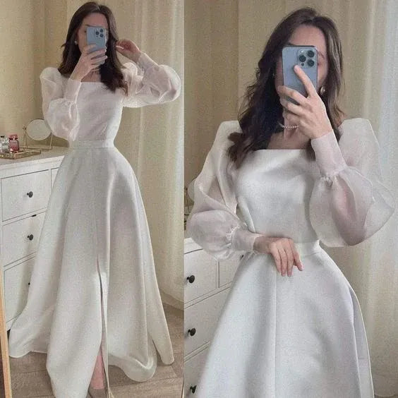 Elegant A-Line Square Neck Long Puff Sleeve High-Slit Floor-Length Formal Evening Dress