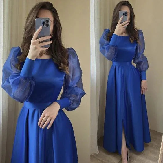 Elegant A-Line Square Neck Long Puff Sleeve High-Slit Midi Formal Evening Dress