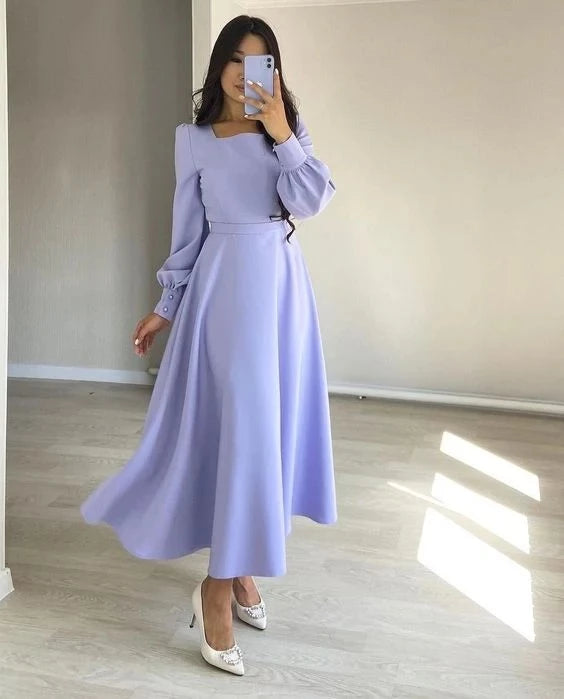 Elegant A-Line Square-Neck Long-Sleeve Zipper-Back Flared-Hem Midi-Length Prom Dress