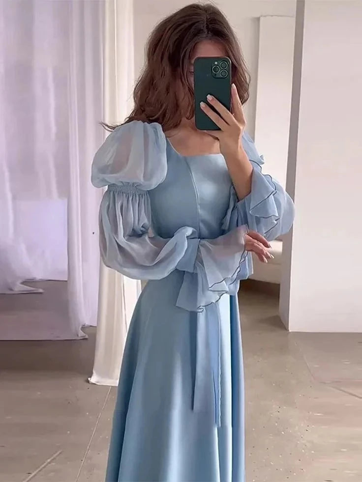 Elegant A-Line Square-Neck Puff-Sleeve Belted Maxi-Length Evening Dress