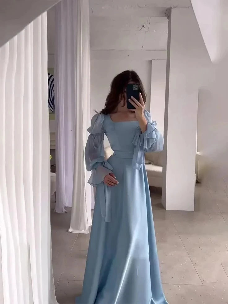 Elegant A-Line Square-Neck Puff-Sleeve Belted Maxi-Length Evening Dress