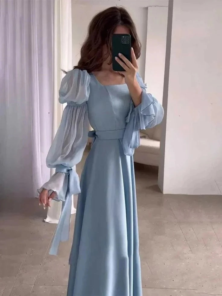 Elegant A-Line Square-Neck Puff-Sleeve Belted Maxi-Length Evening Dress