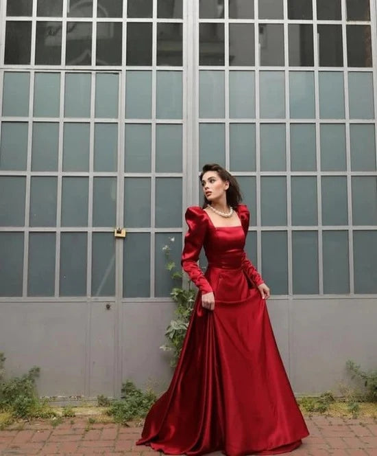 Elegant A-Line Square-Neck Puff-Sleeve Lace-Up-Back Floor-Length Evening Dress