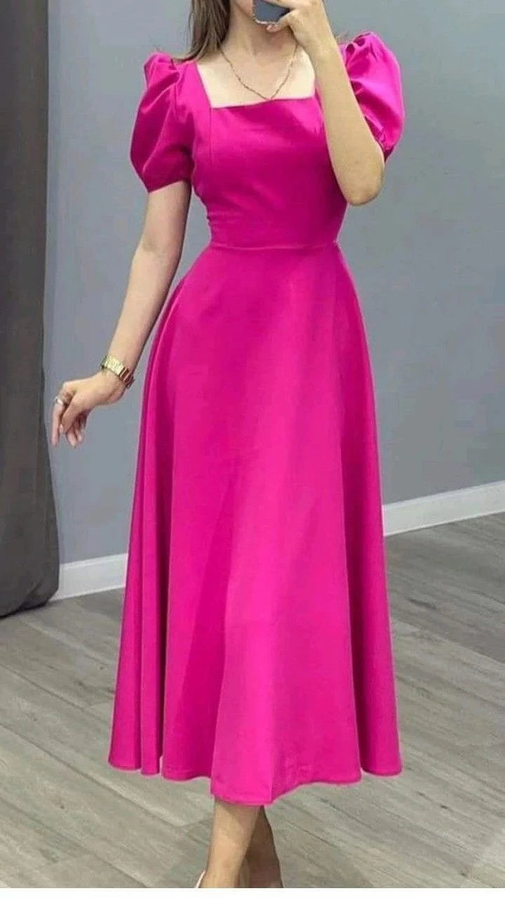 Elegant A-Line Square-Neck Puff-Sleeve Tie-Waist Midi-Length Evening Dress