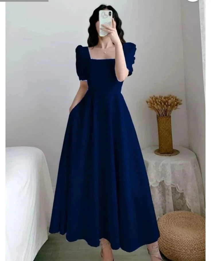 Elegant A-Line Square Neck Puffed Sleeve Open Back Midi Evening Dress