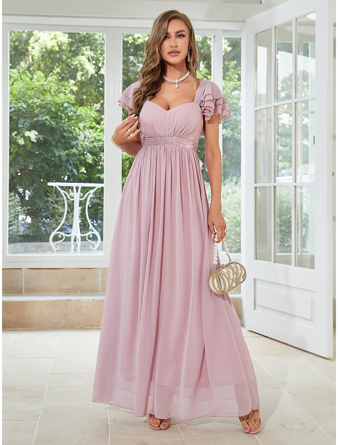 Elegant A-Line Square Neck Short Sleeve Ruffled Chiffon Floor Length Wedding Guest Dress.