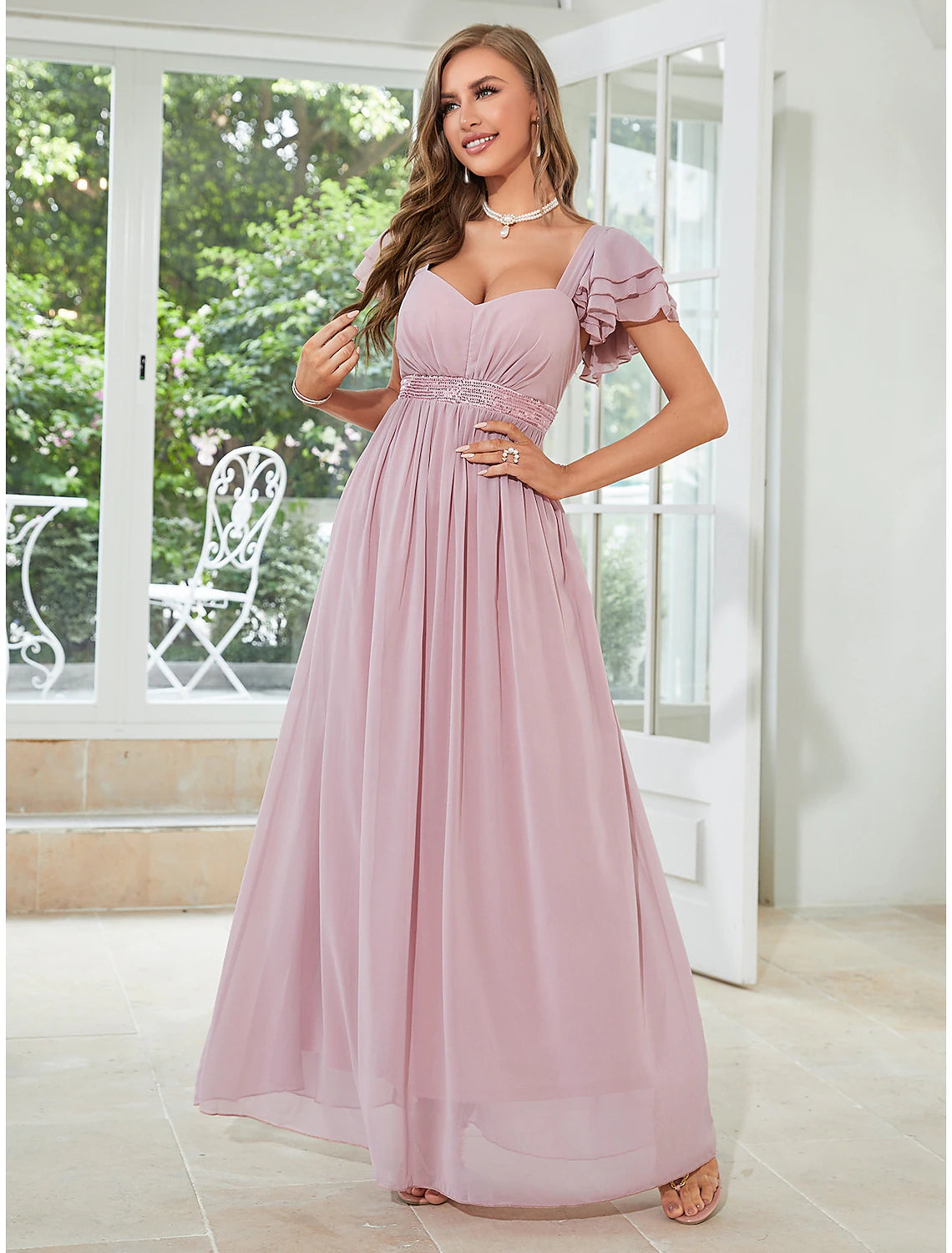 Elegant A-Line Square Neck Short Sleeve Ruffled Chiffon Floor Length Wedding Guest Dress.