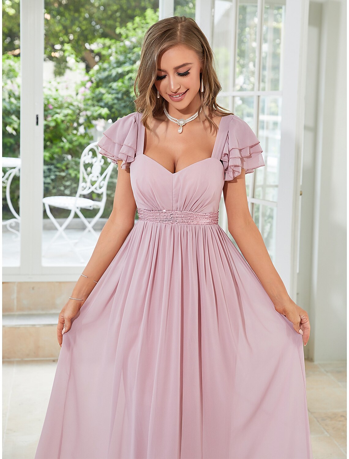 Elegant A-Line Square Neck Short Sleeve Ruffled Chiffon Floor Length Wedding Guest Dress.