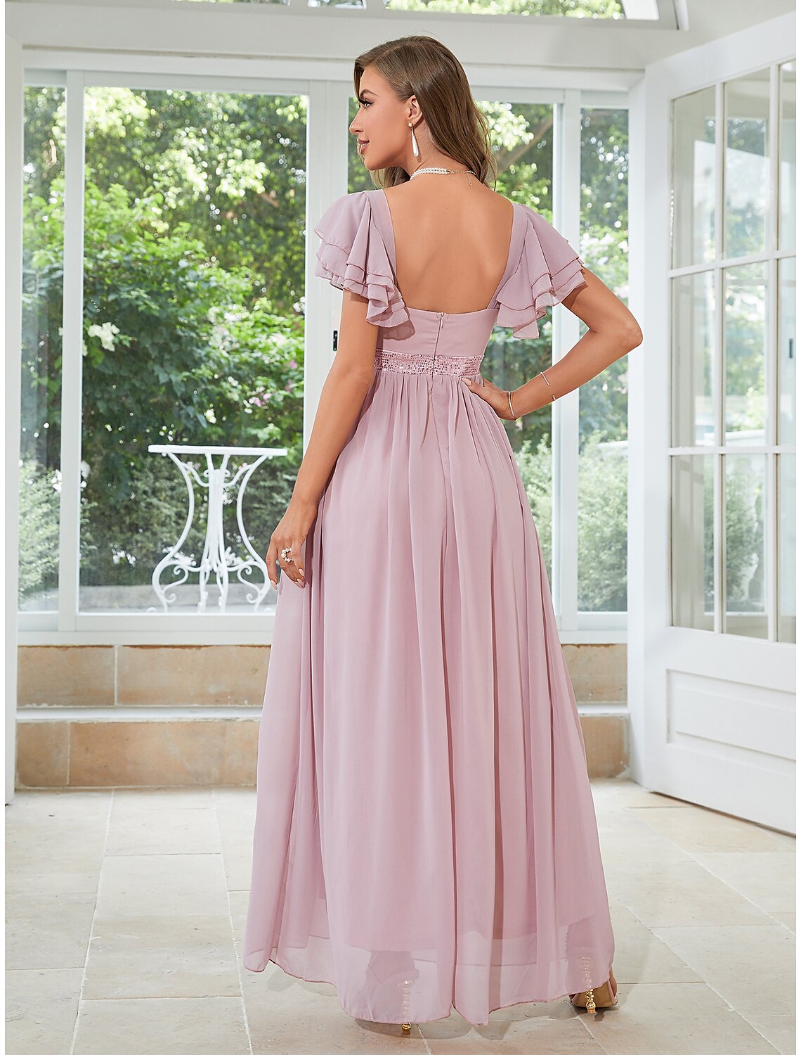 Elegant A-Line Square Neck Short Sleeve Ruffled Chiffon Floor Length Wedding Guest Dress.