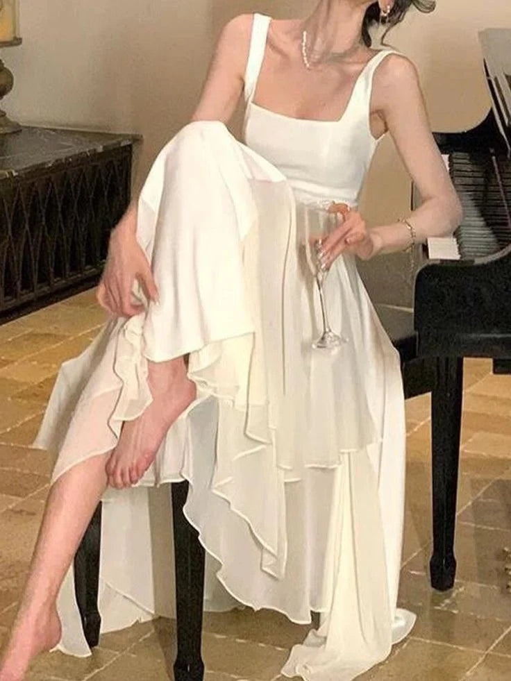 Elegant A-Line Square-Neck Sleeveless Open-Back High-Low Evening Dress
