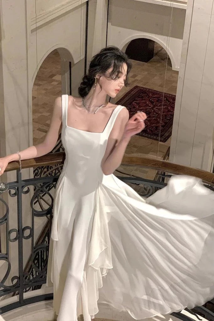 Elegant A-Line Square-Neck Sleeveless Open-Back High-Low Evening Dress