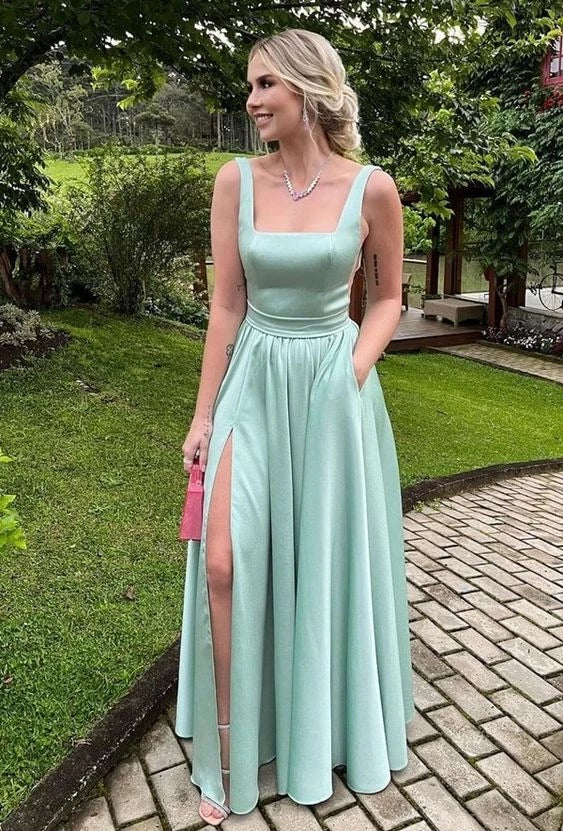 Elegant A-Line Square Neck Sleeveless Open Back Pocketed High Slit Floor Length Evening Dress