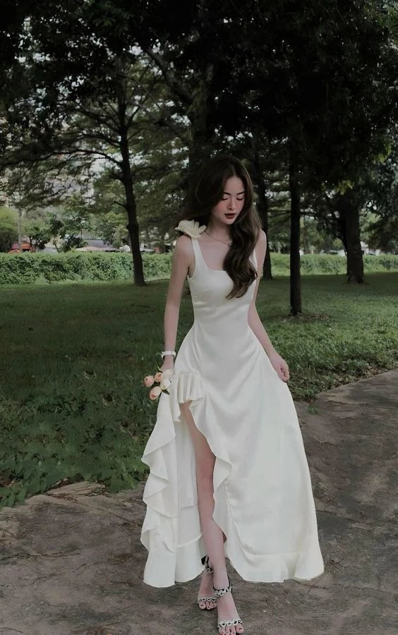 Elegant A-Line Square-Neck Sleeveless Ruffled-High-Slit Maxi-Length Evening Dress