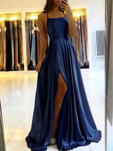 Elegant A-Line Square-Neck Spaghetti-Strap Crisscross-Back Slit-Detail Trained-Hem Floor-Length Prom Dress