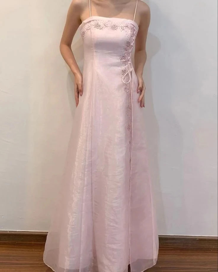 Elegant A-Line Square Neck Spaghetti-Strap Lace-Up Maxi Evening Dress
