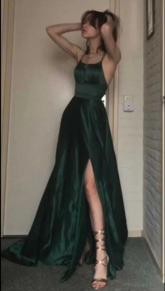 Elegant A-Line Square Neck Spaghetti Strap Open Back High Slit Train Length Evening Dress