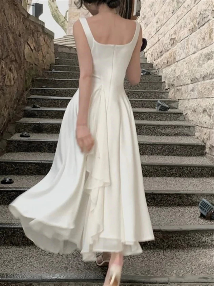 Elegant A-Line Square Neck Wide Strap Open Back Floor Length Evening Dress