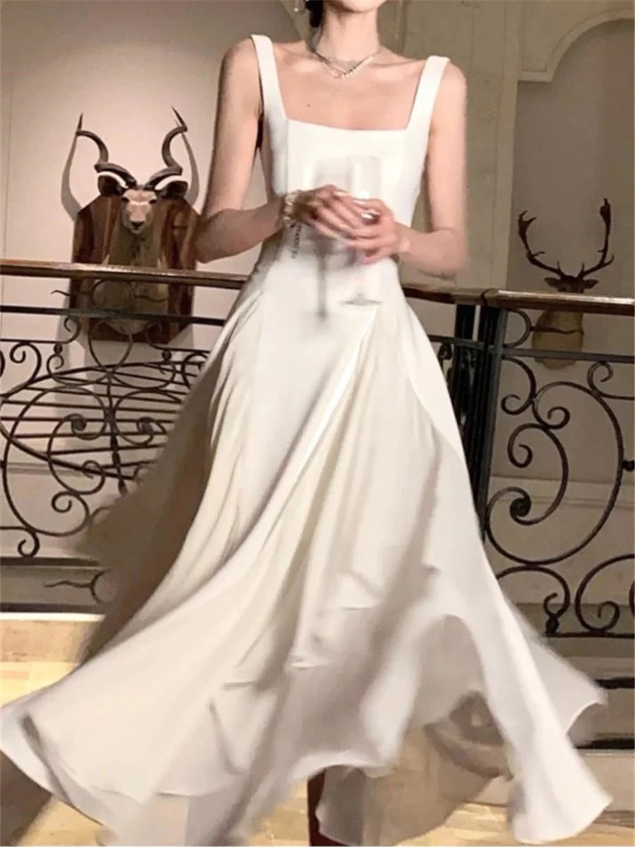 Elegant A-Line Square Neck Wide Strap Open Back Floor Length Evening Dress