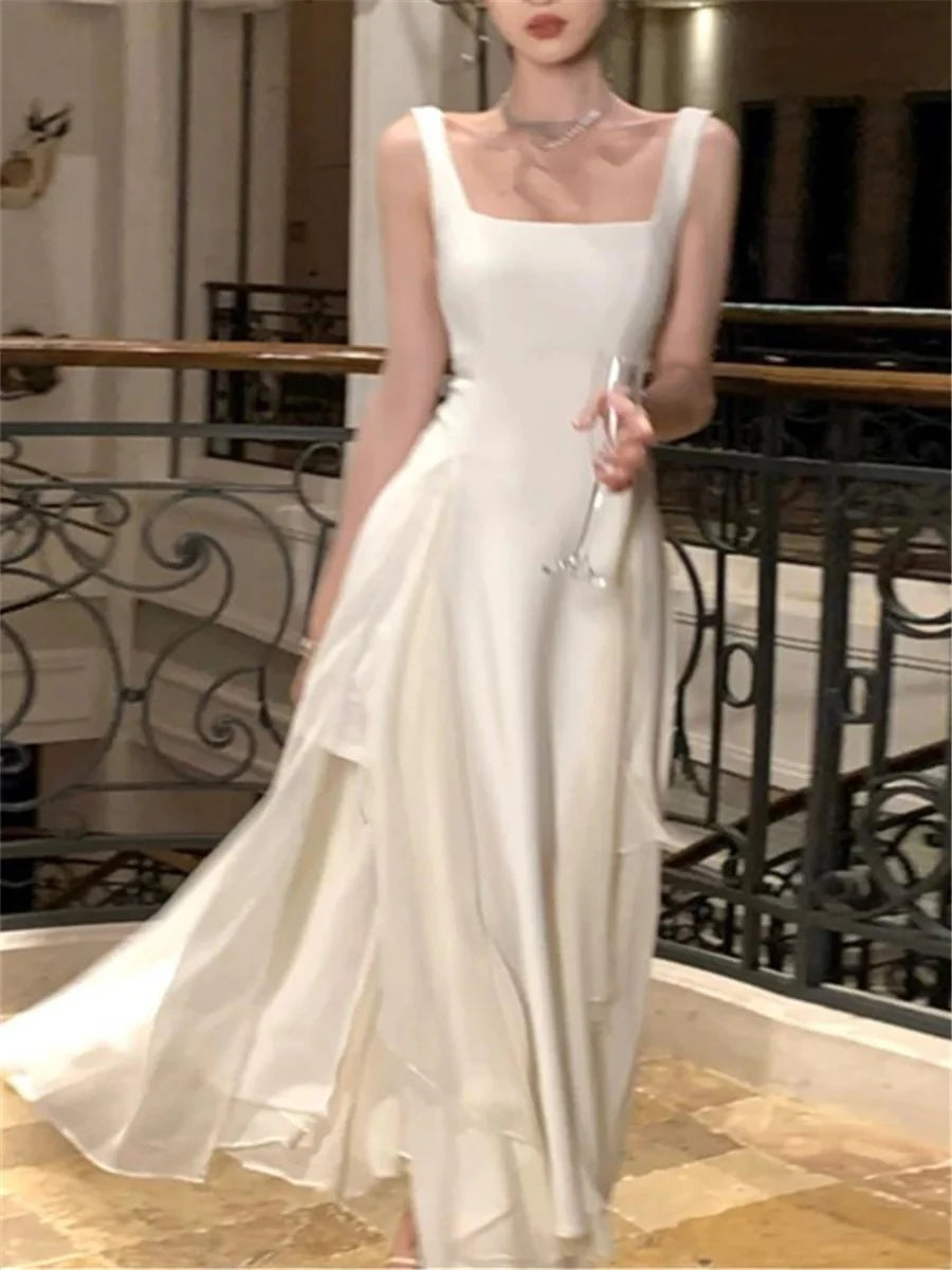 Elegant A-Line Square Neck Wide Strap Open Back Floor Length Evening Dress