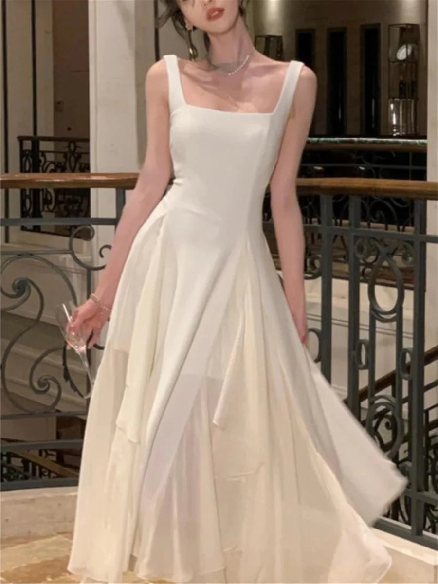 Elegant A-Line Square Neck Wide Strap Open Back Floor Length Evening Dress