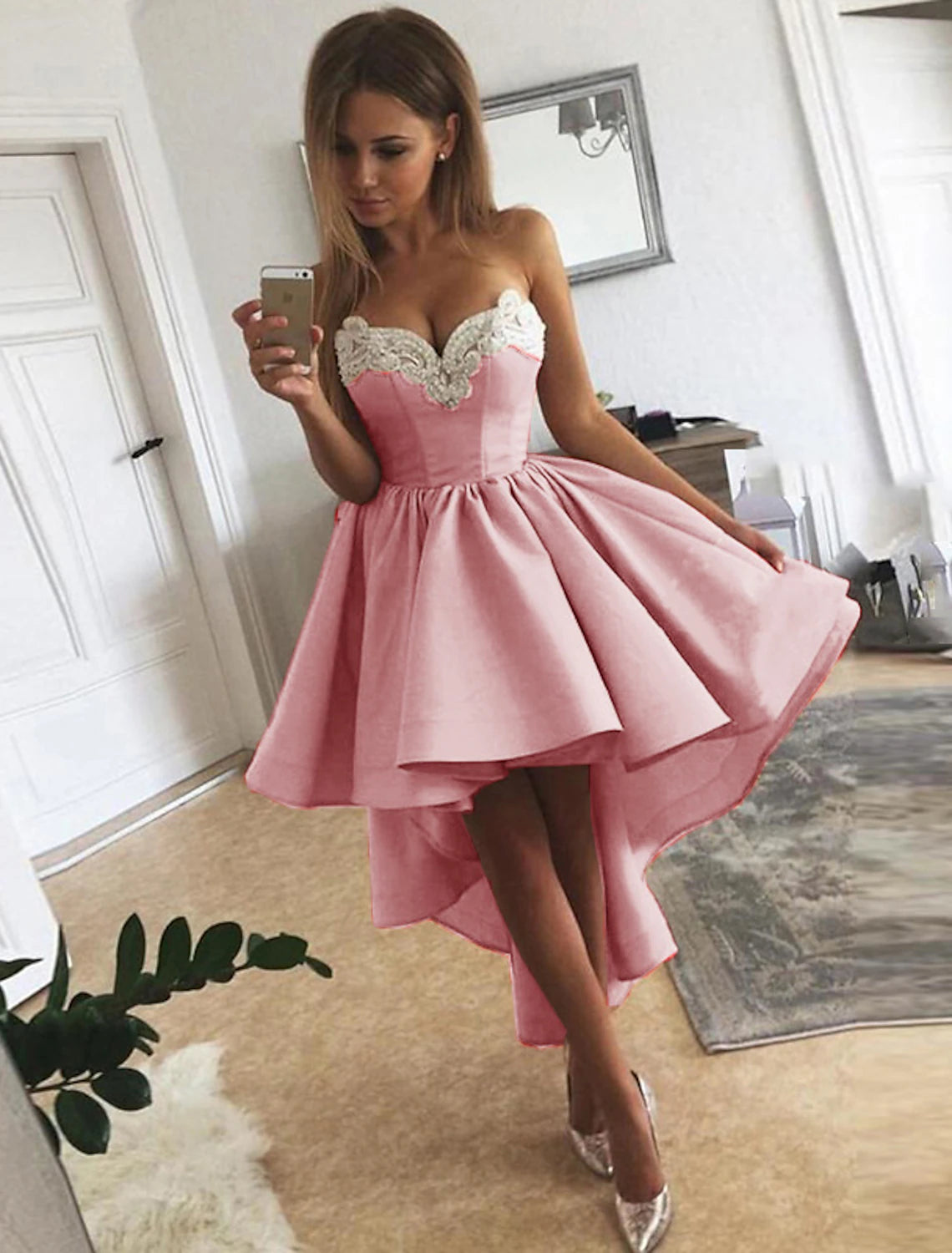 Elegant A-Line Strapless Asymmetrical Satin Applique Cocktail Dress Knee-Length.