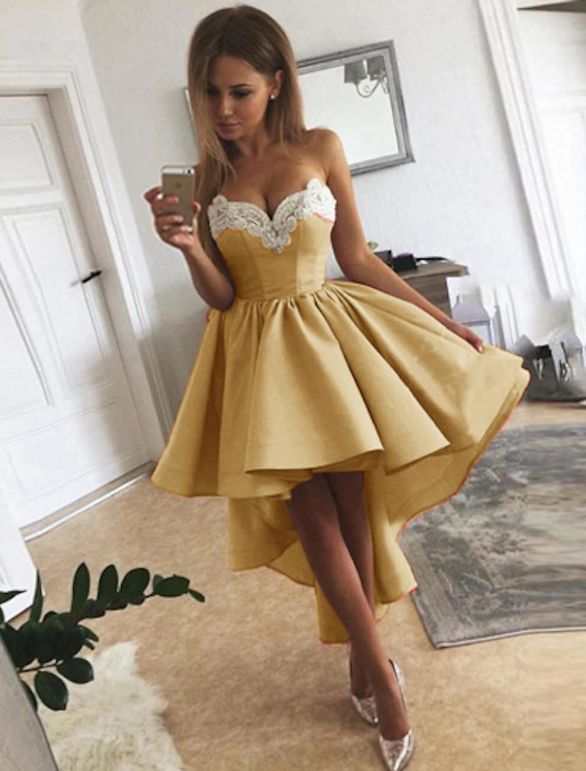 Elegant A-Line Strapless Asymmetrical Satin Applique Cocktail Dress Knee-Length.