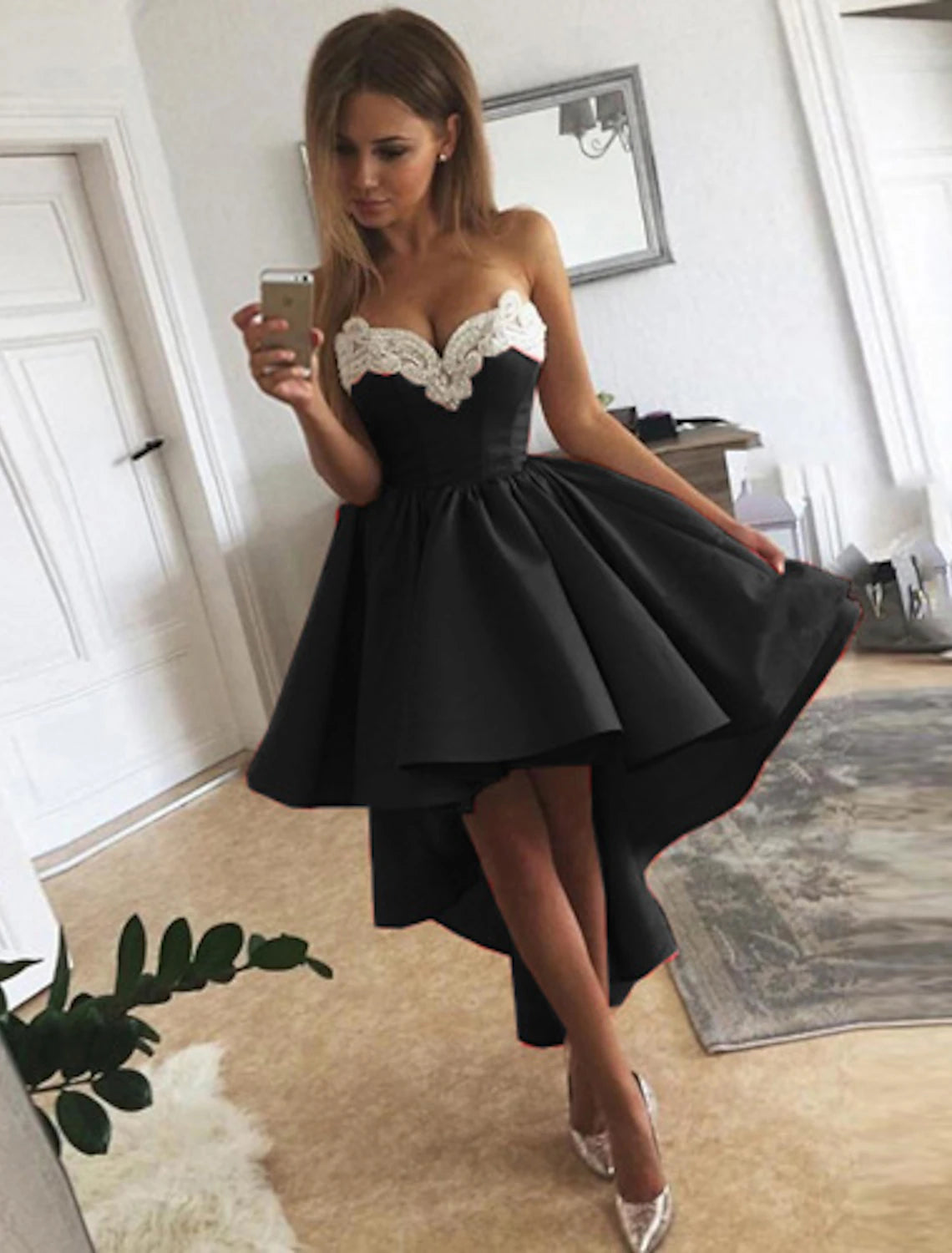 Elegant A-Line Strapless Asymmetrical Satin Applique Cocktail Dress Knee-Length.