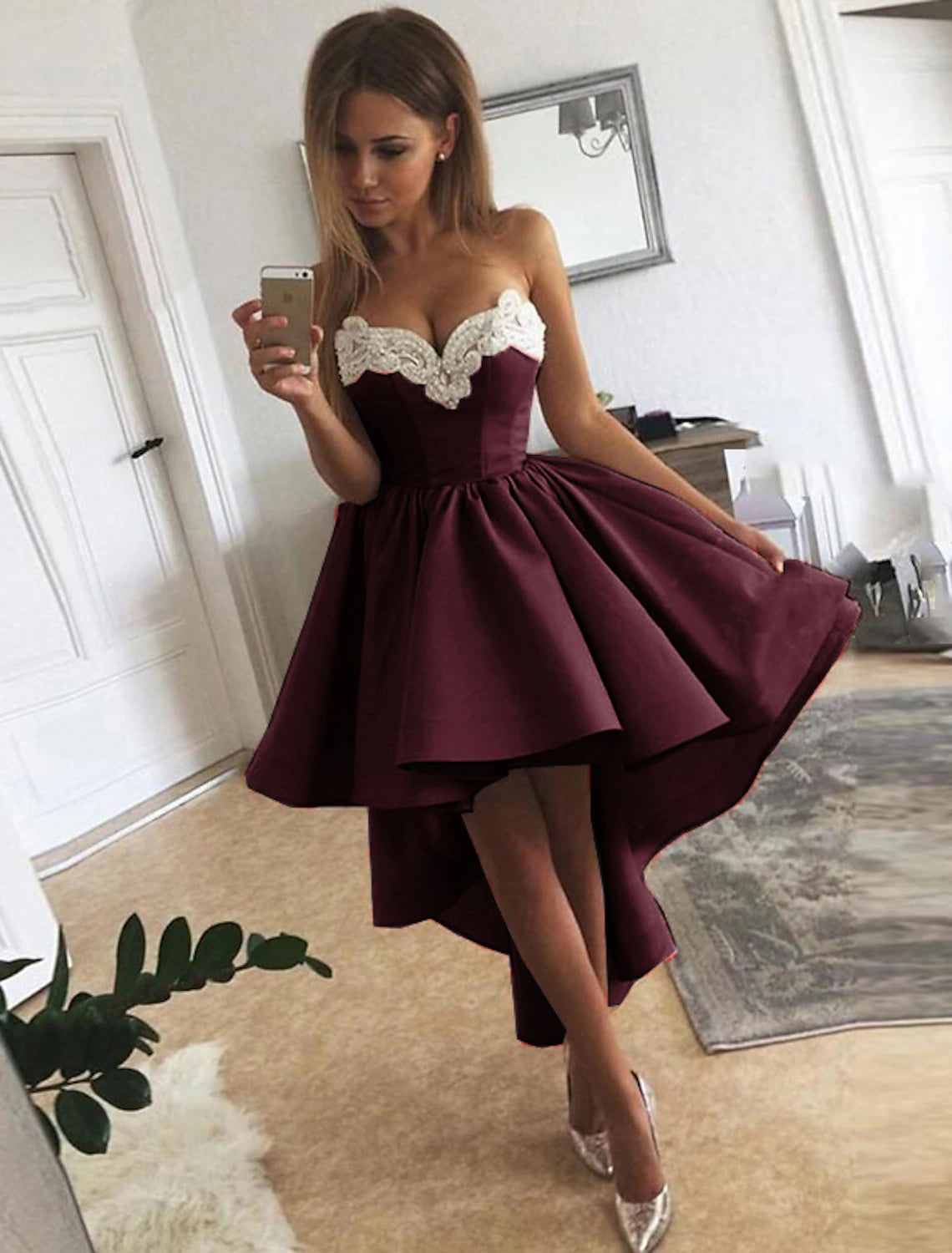 Elegant A-Line Strapless Asymmetrical Satin Applique Cocktail Dress Knee-Length.