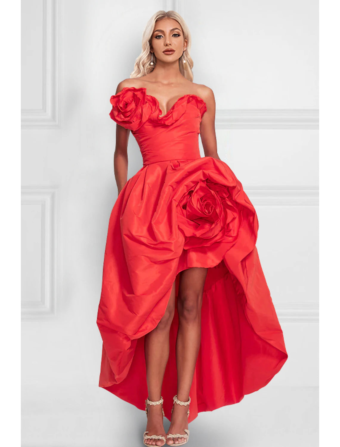 Elegant A-Line Strapless Satin Cocktail Dress with Asymmetrical Shoulder Flower.