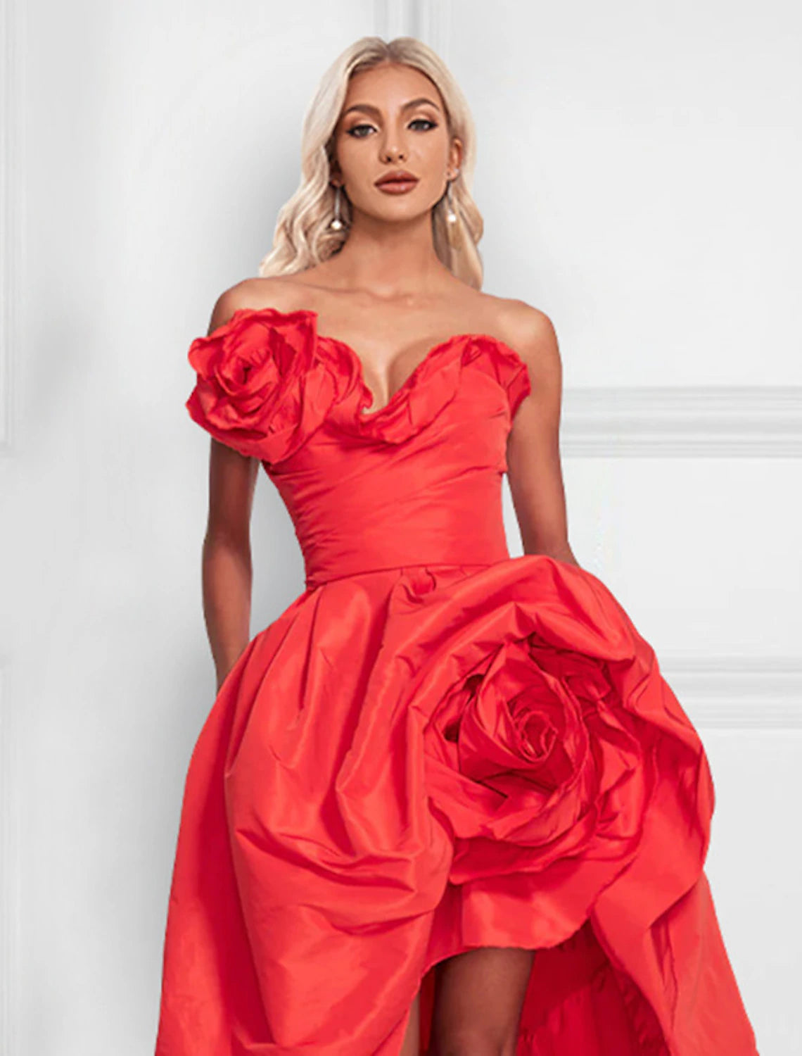 Elegant A-Line Strapless Satin Cocktail Dress with Asymmetrical Shoulder Flower.