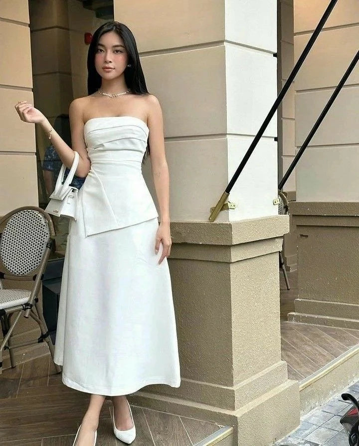 Elegant A-Line Strapless Sleeveless Asymmetrical-Midi-Length Evening Dress